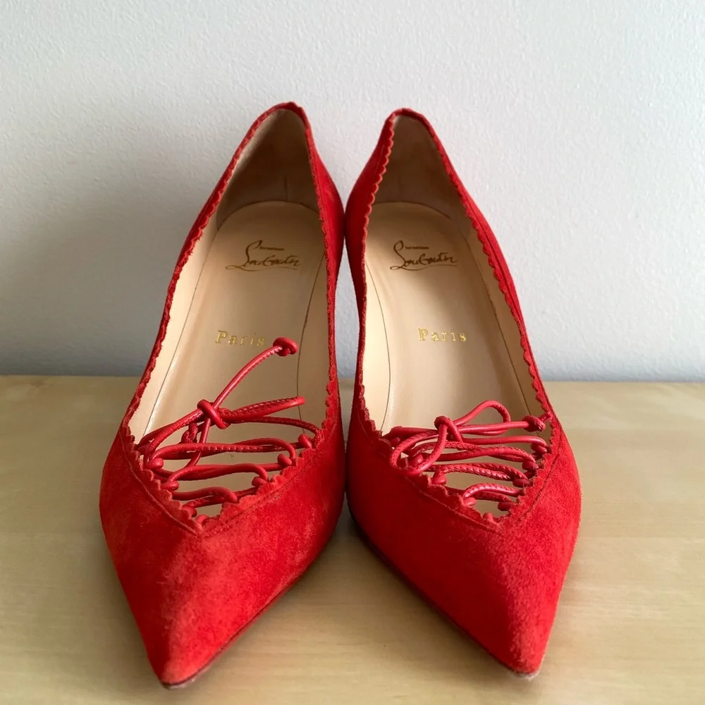 Christian Louboutin Cherry Red Scalopump 85MM Fraise Suede Heels 37.5 - Picture 5 of 12
